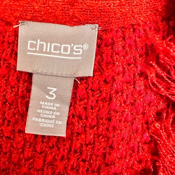 Chico’s Sparkle Fringe-Trim Red Cardigan/Boucle Sweater Size 3 - Picture 4 of 10